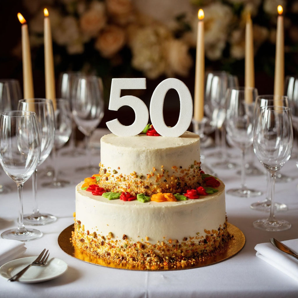 Торт на юбилей 50 лет женщине украшенный золотом на праздничном столе