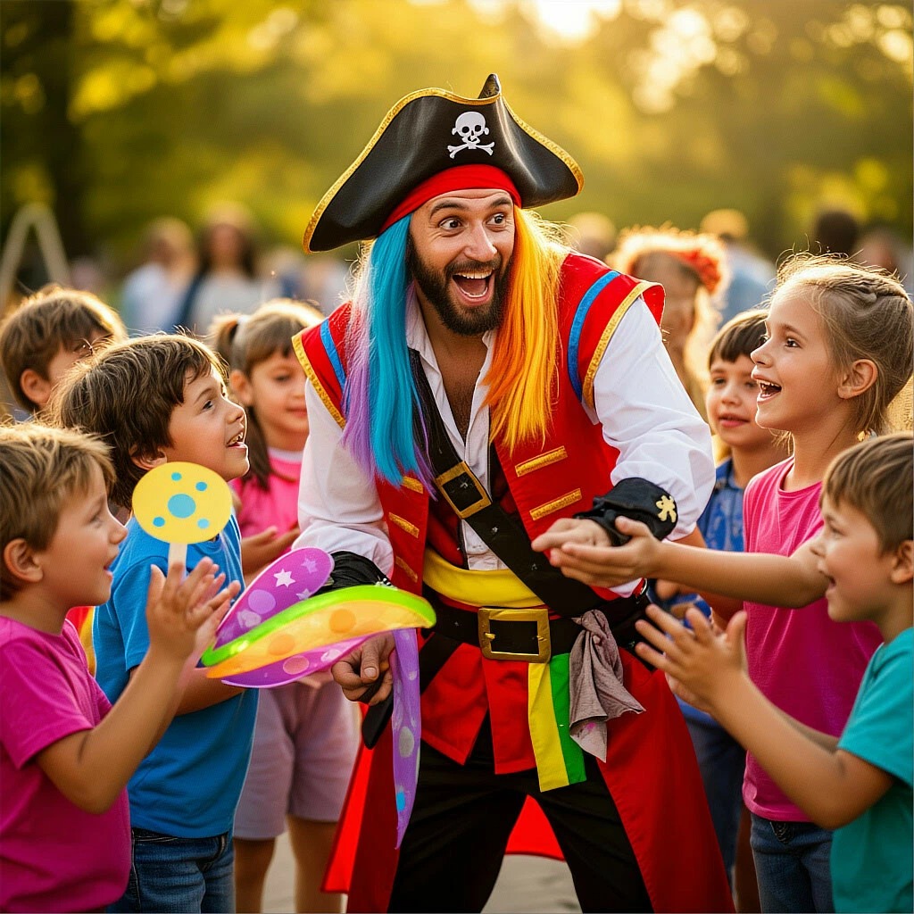 Профессиональный аниматор в костюме проводит игровую программу на детском дне рождения.