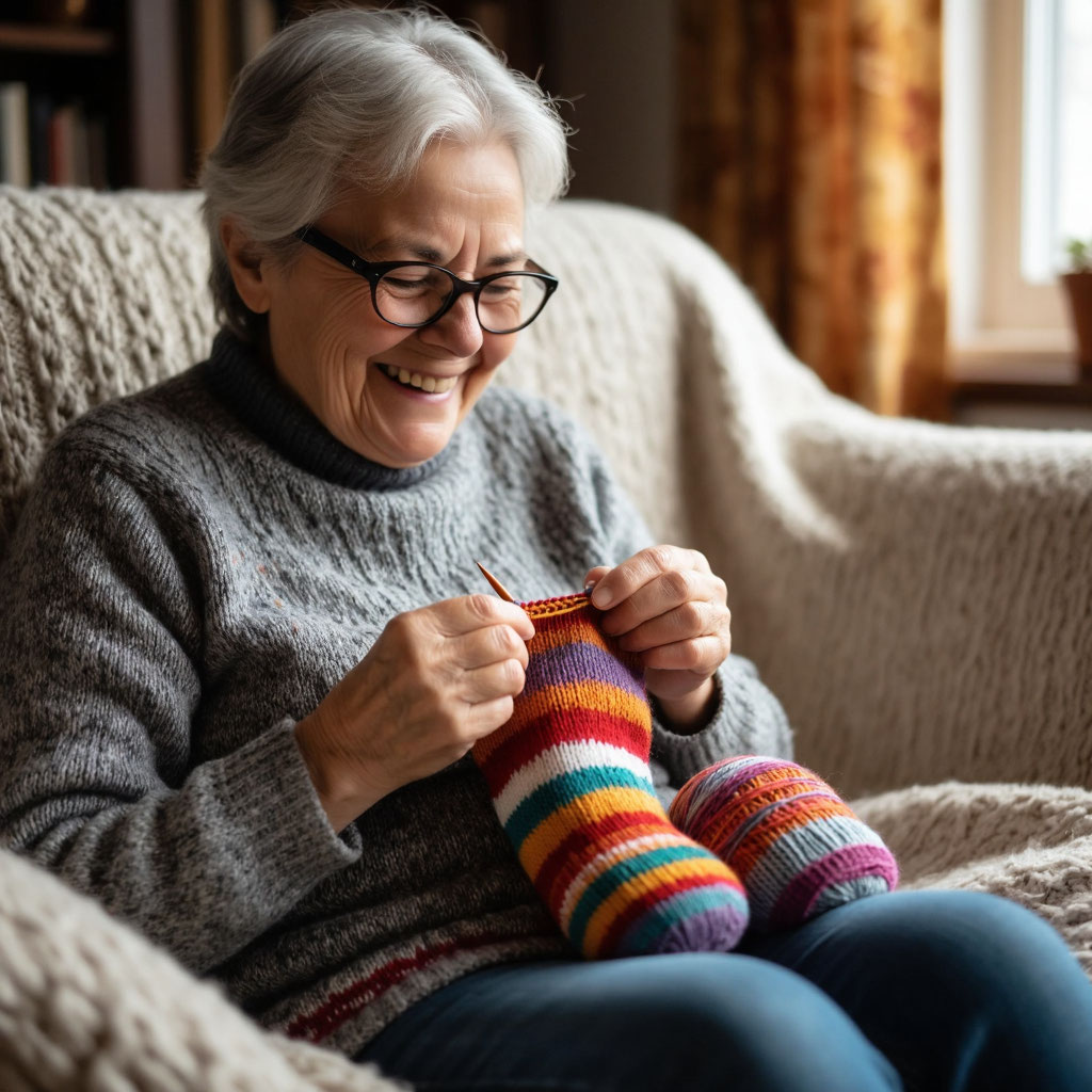 Милая бабушка вяжет носочки, поздравления с 8 Марта бабушке трогательные.