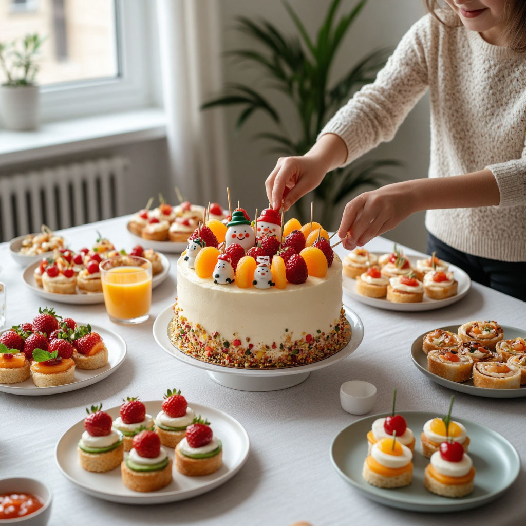 Праздничный стол и домашний торт на детском дне рождения. Бюджетное меню.
