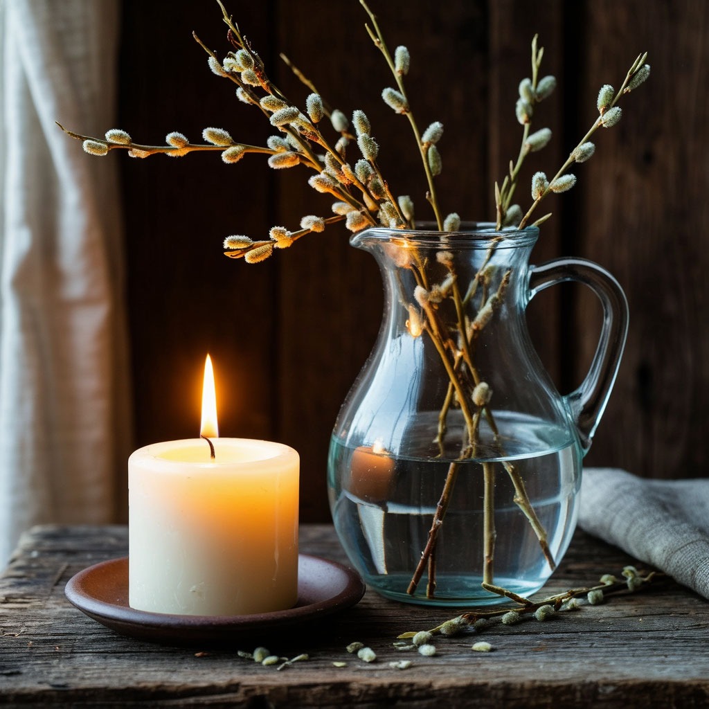 Уютный натюрморт: Евангелие, зажженная свеча, веточка вербы и небольшой кувшин с освященной водой.