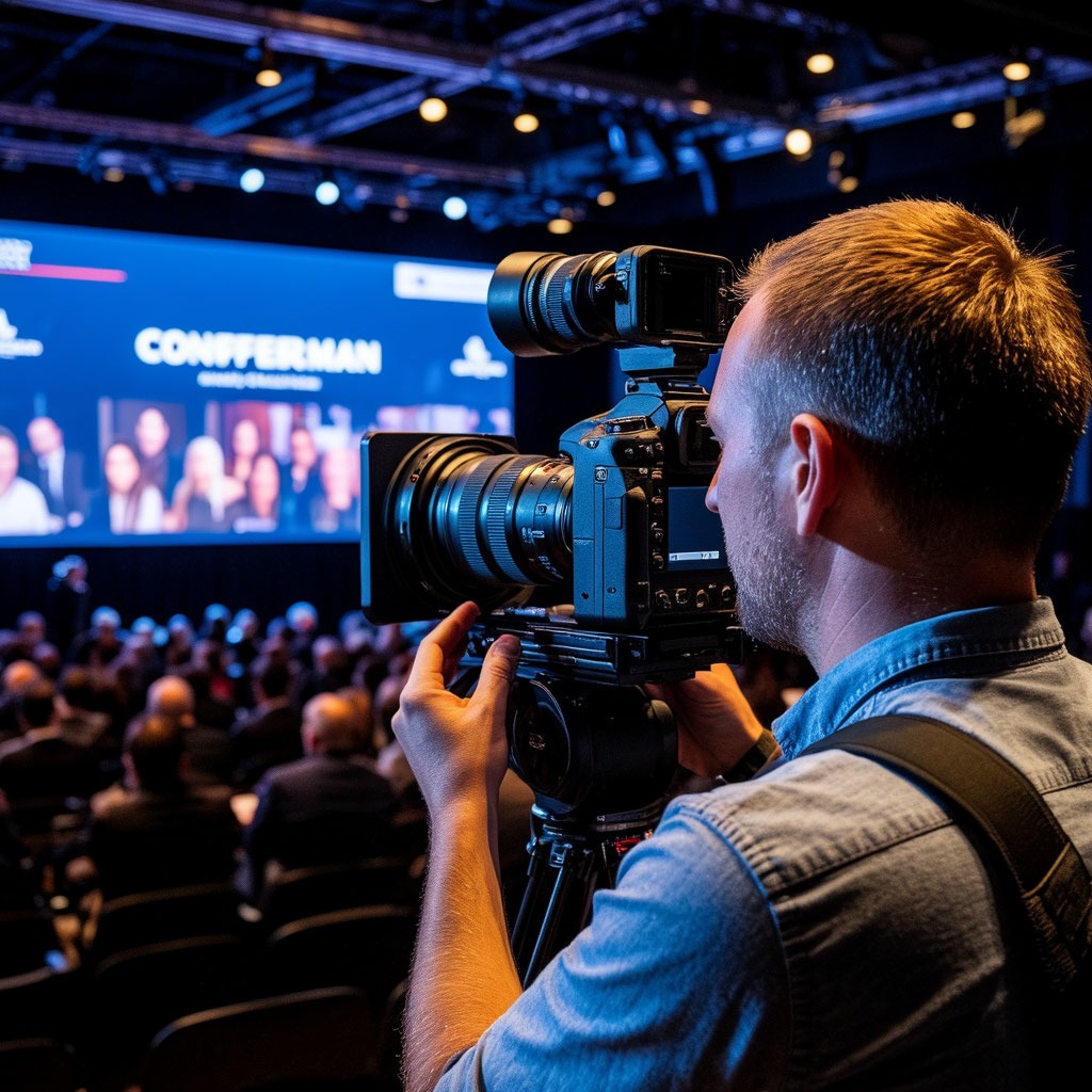 Профессиональный оператор ведет многокамерную онлайн-трансляцию конференции или концерта