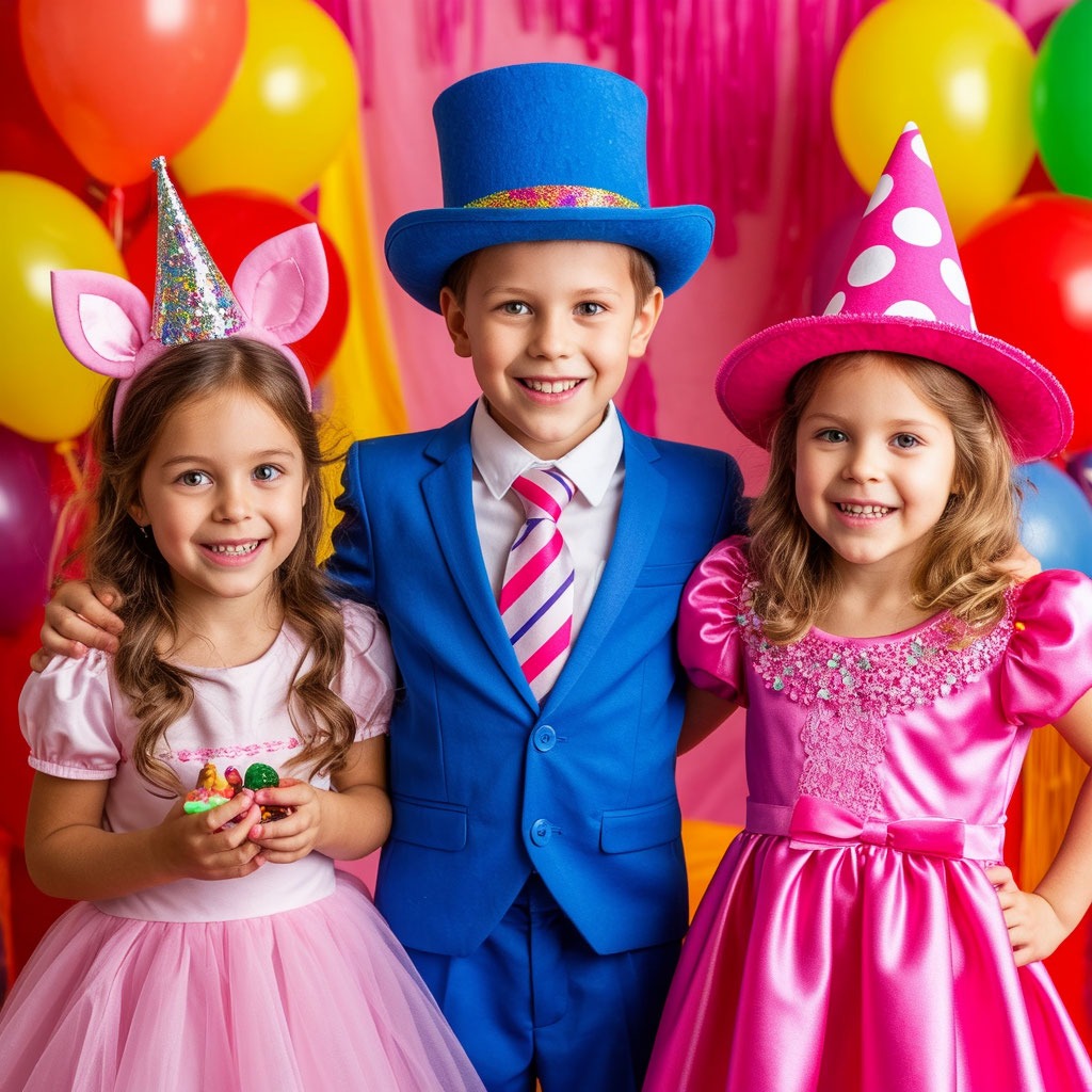 Дети в костюмах веселятся с аниматором на ярком детском дне рождения