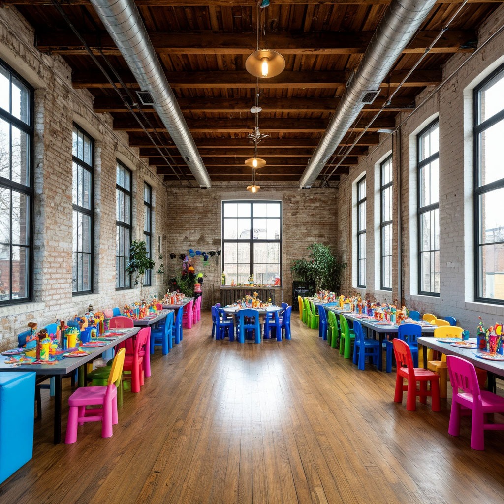 Просторный лофт для детского дня рождения со свободной планировкой и высокими потолками.