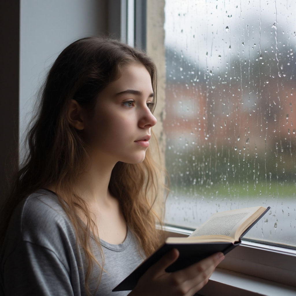 Дочь-подросток мечтает у окна весной, напутственные поздравления с 8 Марта дочке.