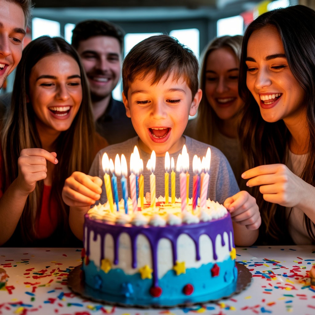 Торжественный момент с задуванием свечей на торте и подарки для гостей детского праздника.