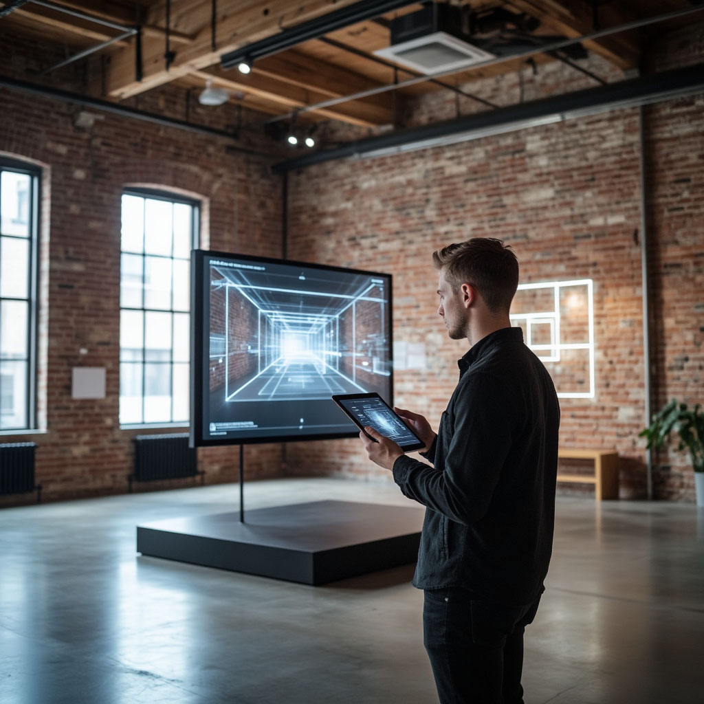 Профессиональный организатор планирует зонирование в современном лофте для мероприятий