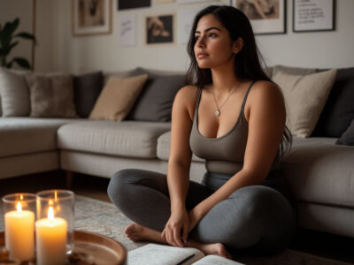 Ритуал подведения итогов года в день рождения. Девушка ведет дневник и планирует цели наедине с собой.