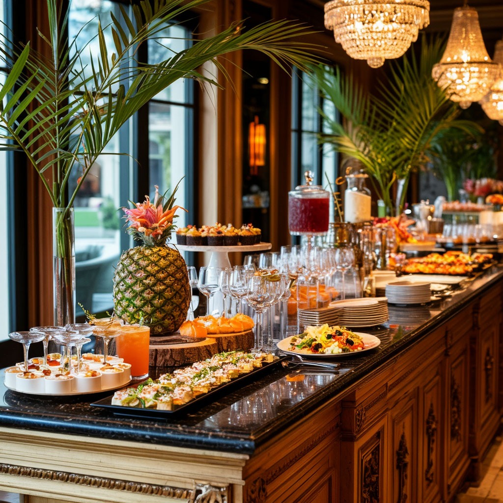 Элегантный фуршет и работа выездного бара с авторскими коктейлями на празднике