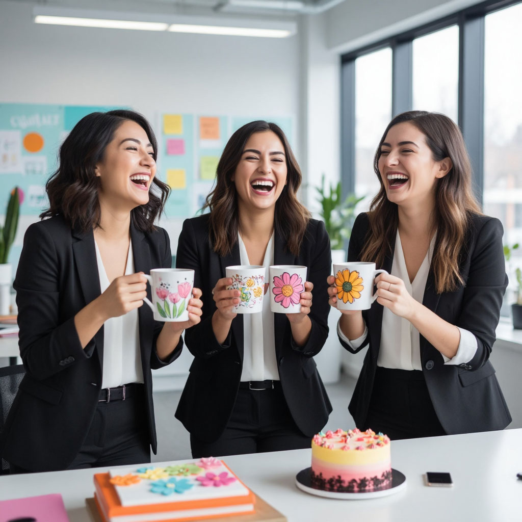 Коллеги поздравляют друг друга с 8 Марта на работе, корпоративные поздравления женщинам.