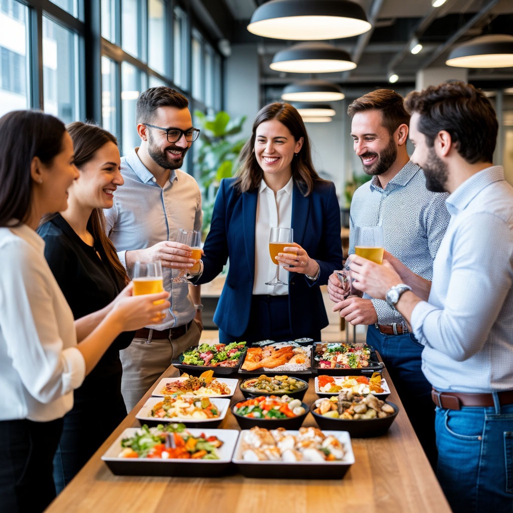 Коллеги празднуют успешный проект в современном офисе с фуршетом