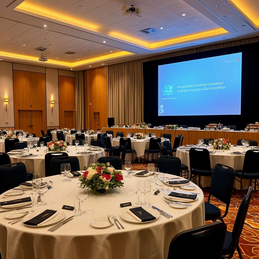 Современная деловая конференция в арендованном зале со светодиодным экраном и фуршетной зоной