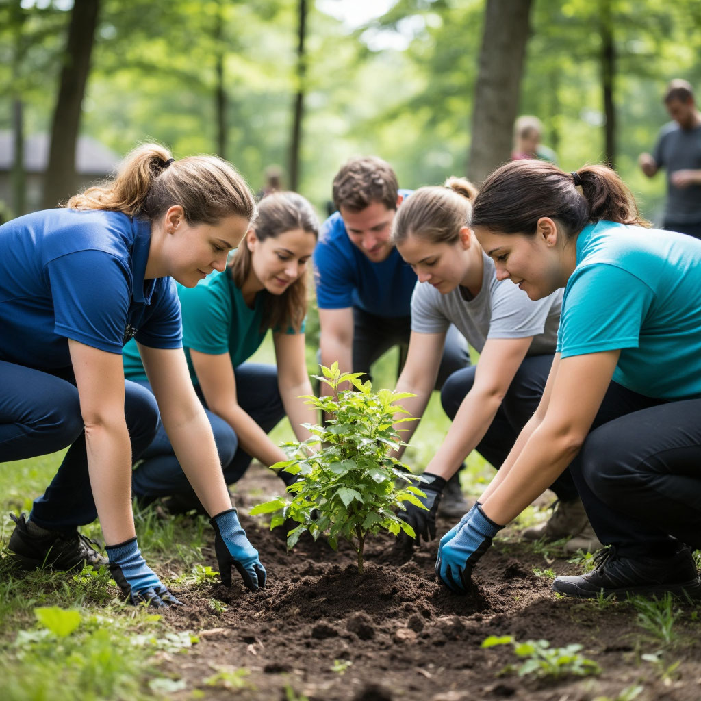 Корпоративное волонтерство — сотрудники компании сажают деревья во время выездного эко-тимбилдинга