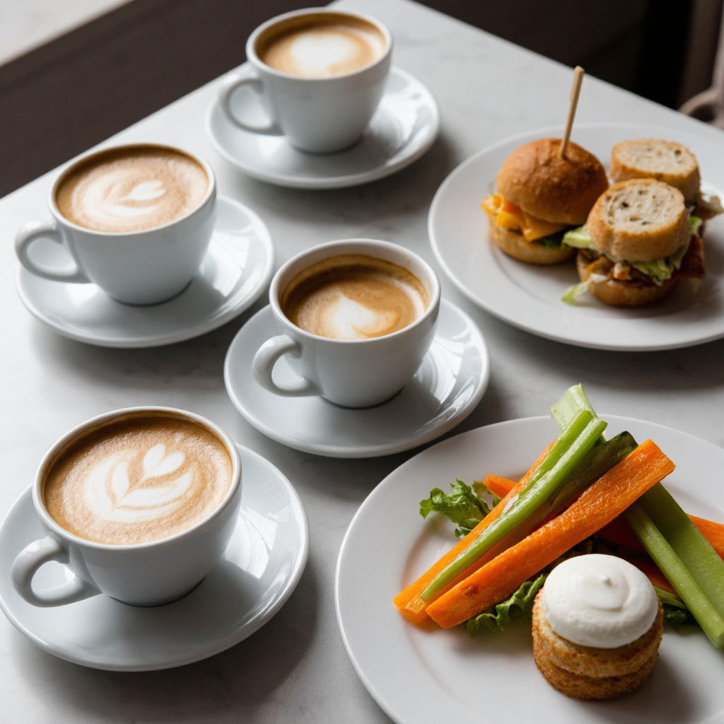 Пример сбалансированного меню для кофе-брейка: сэндвичи, кофе и овощные закуски.
