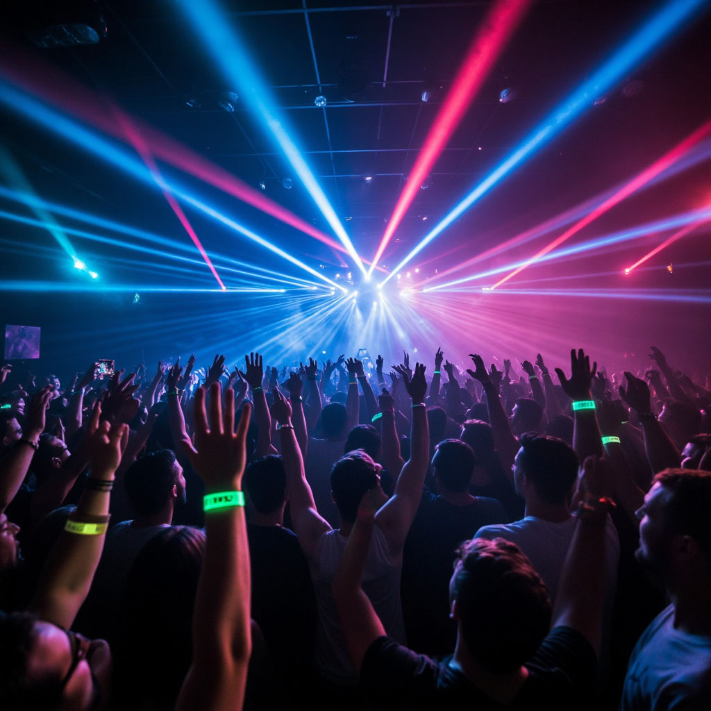 Заполненный танцпол с гостями, светящимися браслетами и лазерным шоу на электронной вечеринке в лофте.