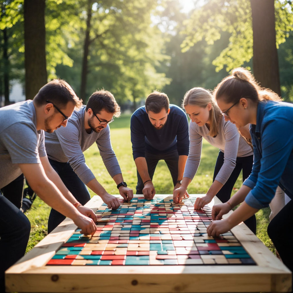 Корпоративный квест на свежем воздухе — команда сотрудников решает логическую задачу во время выездного тимбилдинга