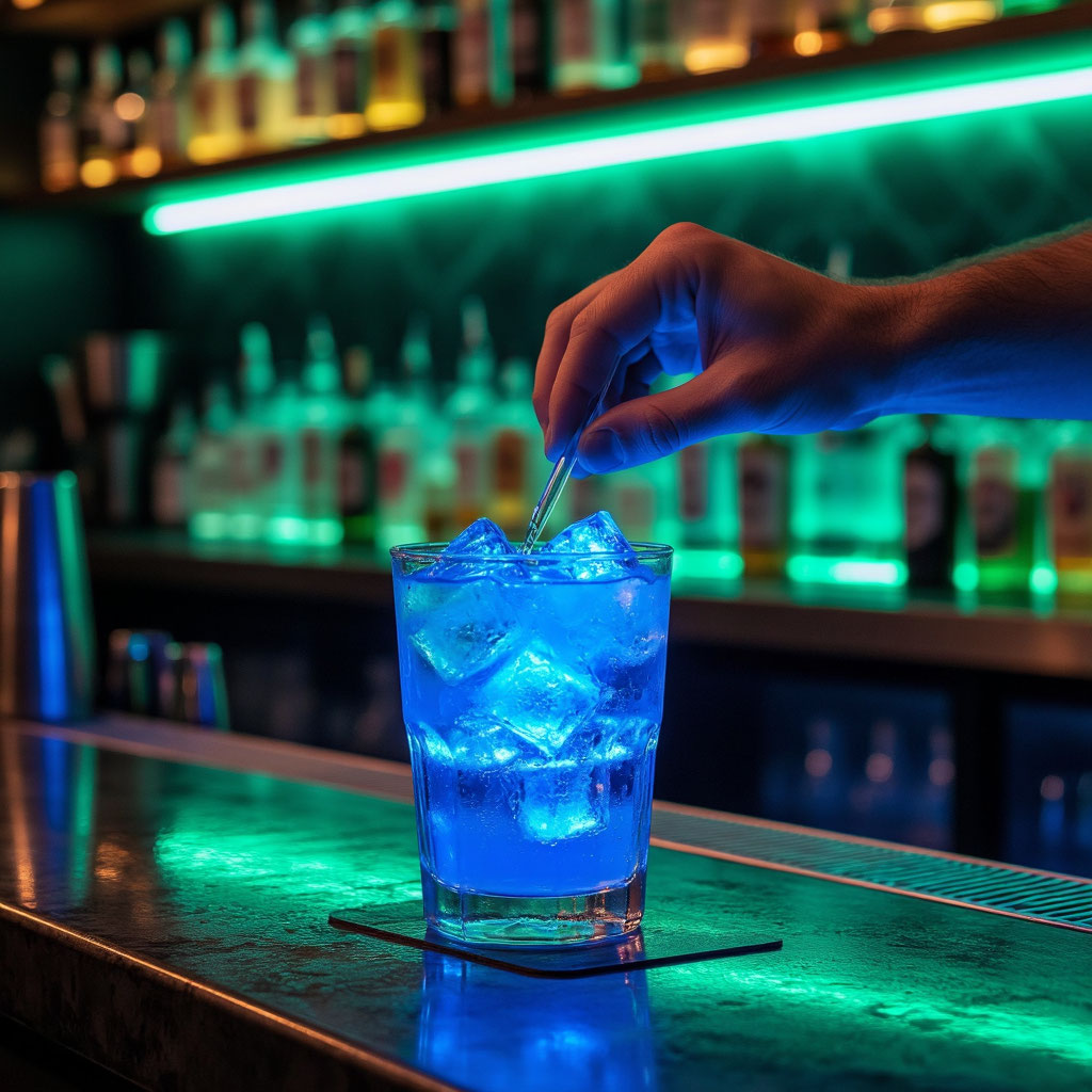 Бармен готовит светящийся неоновый коктейль на баре с LED-подсветкой на тематической вечеринке.