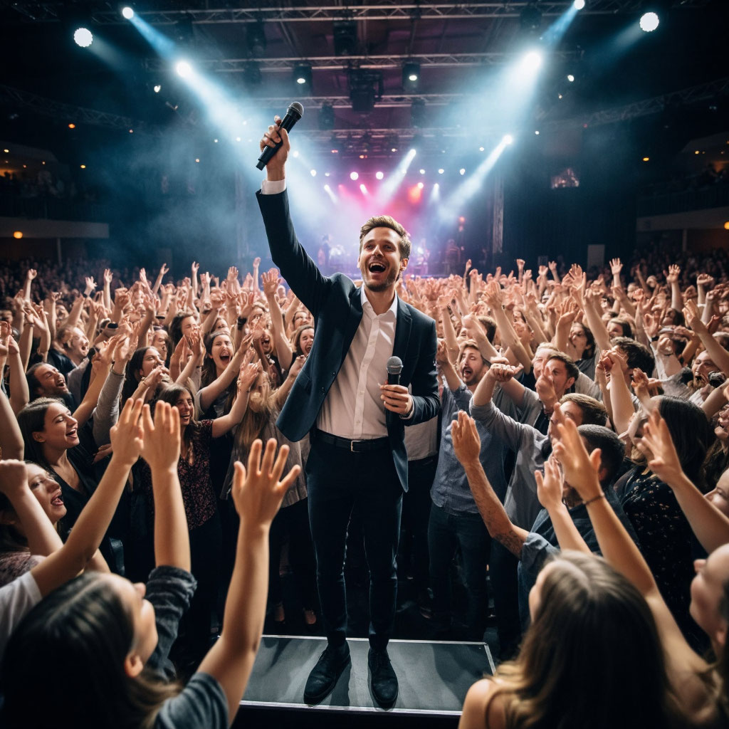 Ведущий и гости участвуют в массовом флешмобе во время кульминации вечеринки в лофте.