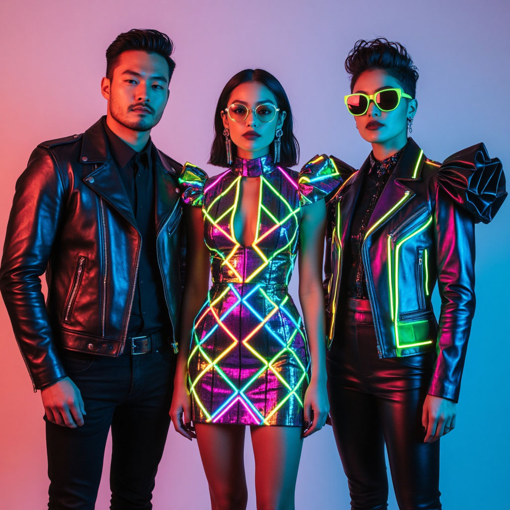 Гости в стилизованных нарядах в стиле киберпанк и ретро-футуризм на тематической вечеринке NEON LOFT.