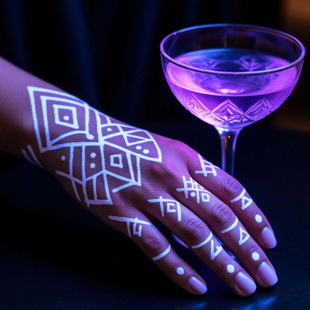 Крупный план светящегося УФ-аквагрима на руке и неонового коктейля на вечеринке.