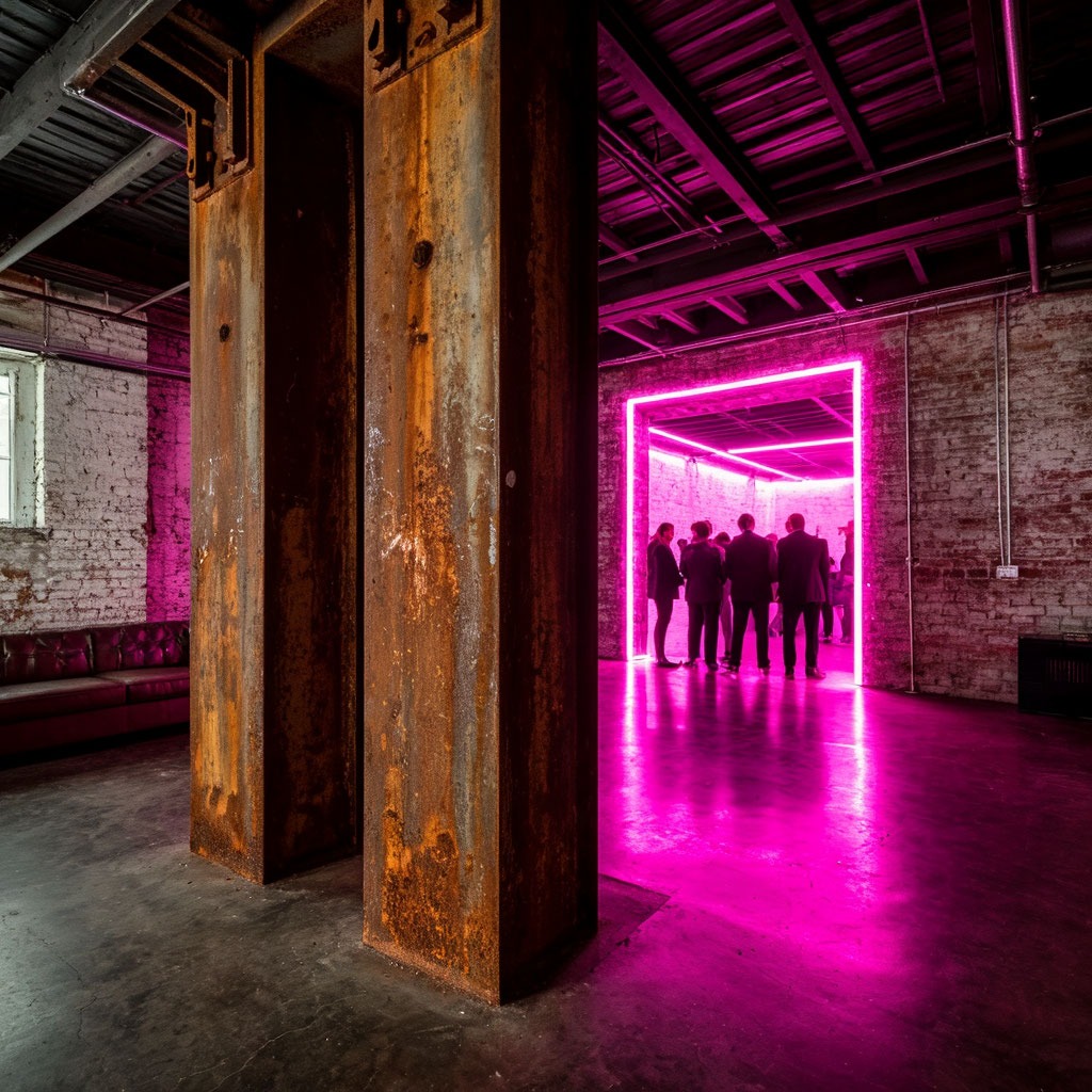 Контраст индустриального лофта с кирпичной стеной и яркой неоновой подсветкой на вечеринке в стиле кибер-ретро.