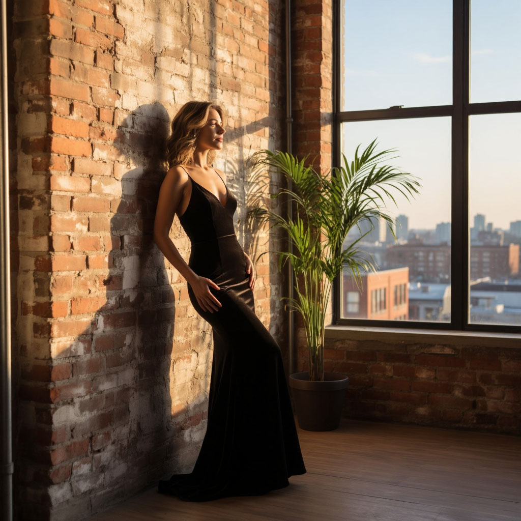 Гостья на фоне аутентичной кирпичной стены в лофте для свадьбы или вечеринки