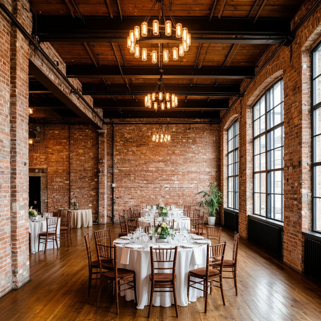 Просторный лофт с кирпичными стенами и высокими потолками, подготовленный для свадьбы или корпоратива