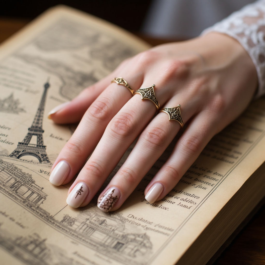 Идеи маникюра для свадьбы: минималистичный дизайн с рисунком места знакомства.