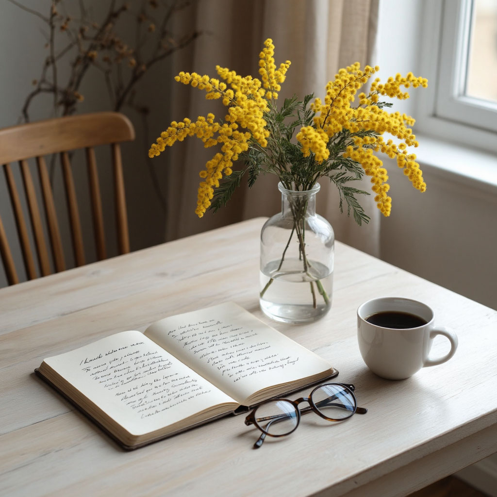 Поздравление с 8 Марта любимой женщине в письме, весенний натюрморт с мимозой.