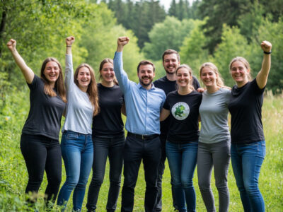 Выездной тимбилдинг для сотрудников: команда радостно завершает эко-квест на природе, сплочение коллектива
