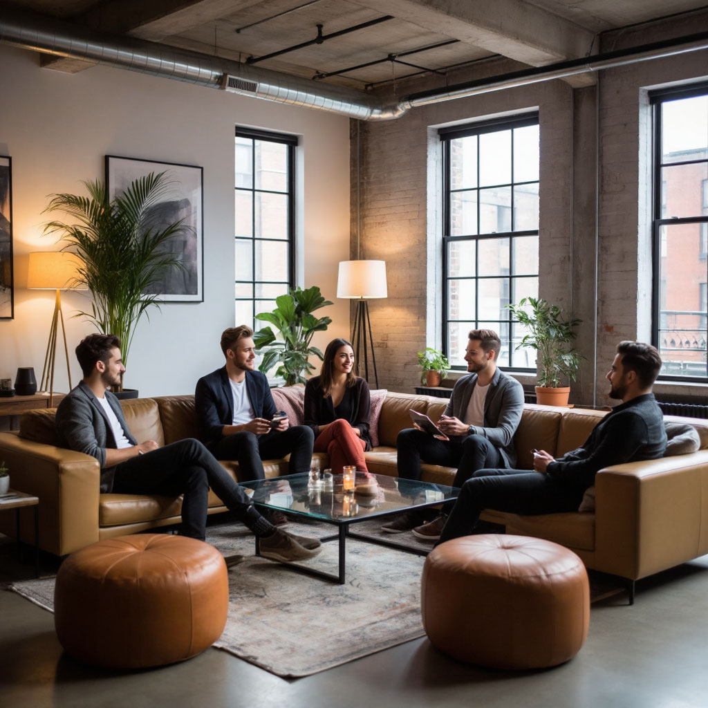 Гости общаются в зоне нетворкинга с дизайнерской мебелью в лофте для мероприятий.