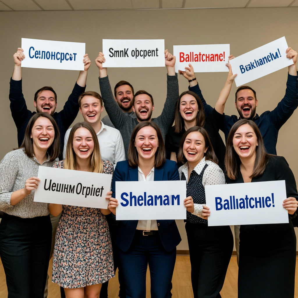 Коллектив с веселыми номинациями после корпоратива, командное фото