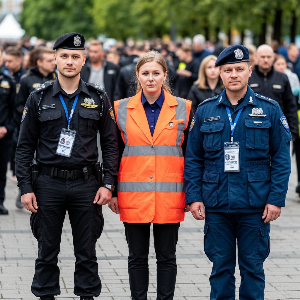 Профессиональные сотрудники охраны и медики на массовом публичном событии