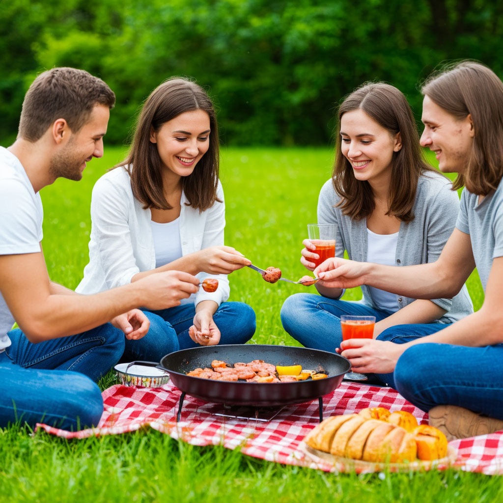 Летом друзья собираются на пикник с шашлыками на зелёной поляне.