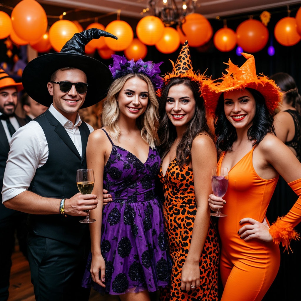 На вечеринке в честь Хэллоуина собрались люди в ярких карнавальных нарядах.