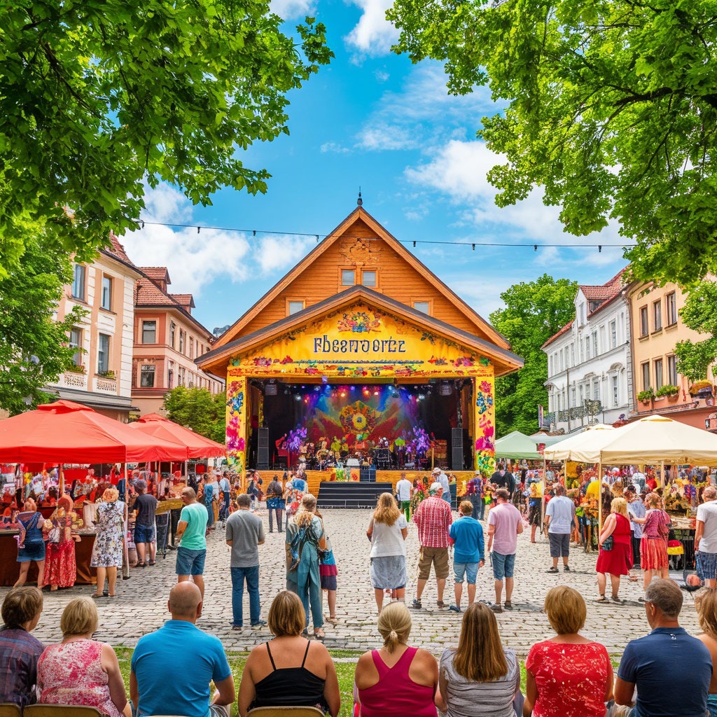Яркий фестиваль на городской площади с народными гуляньями и сценой
