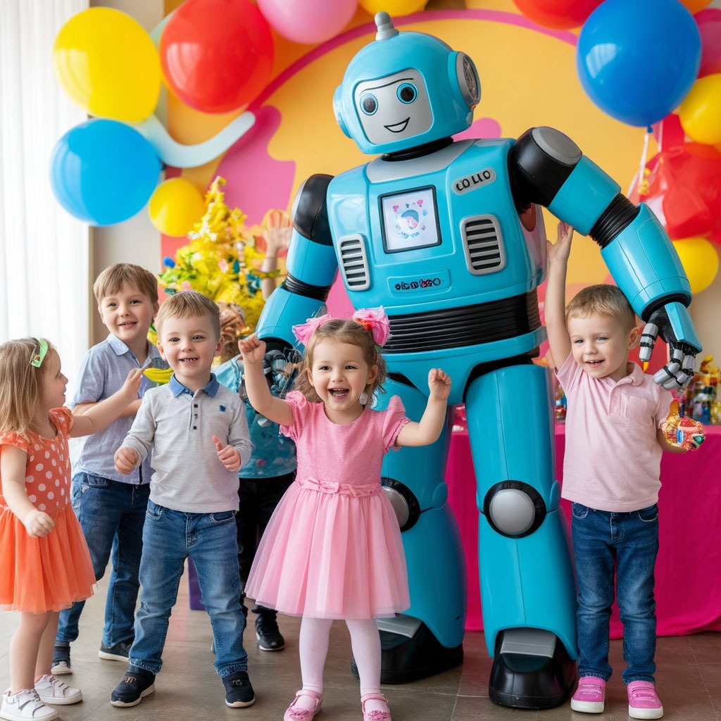 Дети веселятся на празднике в окружении робота-аниматора и яркого тематического декора