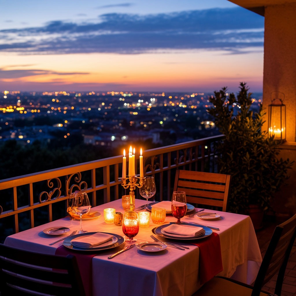 Романтический ужин при свечах на балконе с видом на вечерний город