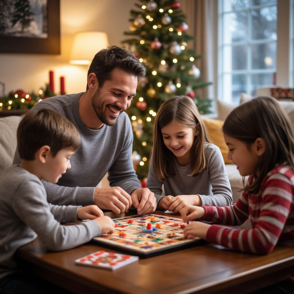 Отец и дети весело играют в настольную игру во время семейного торжества, создавая комфортную атмосферу для всех возрастов.
