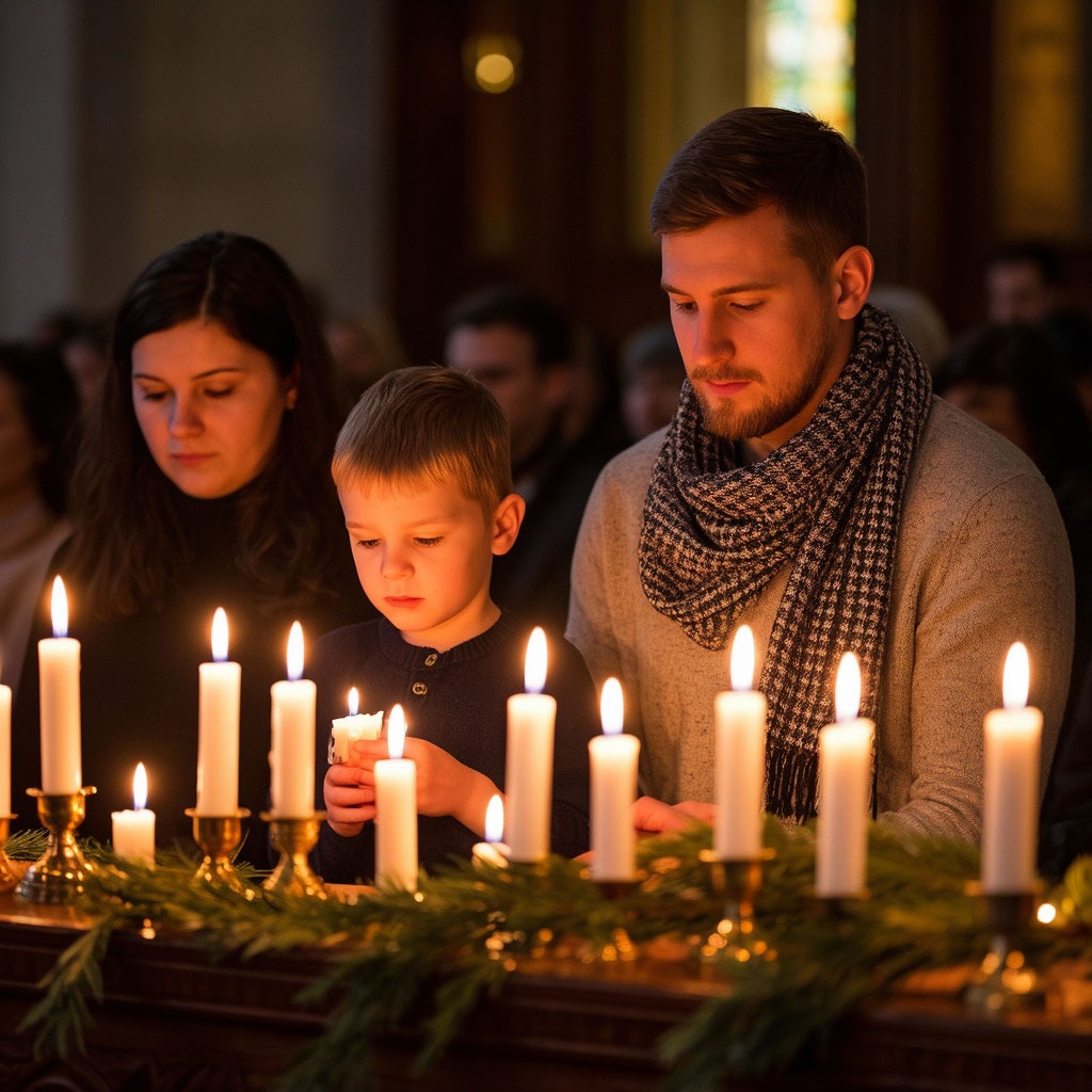 Семья в храме со свечами во время вечерней службы в Крещенский сочельник.