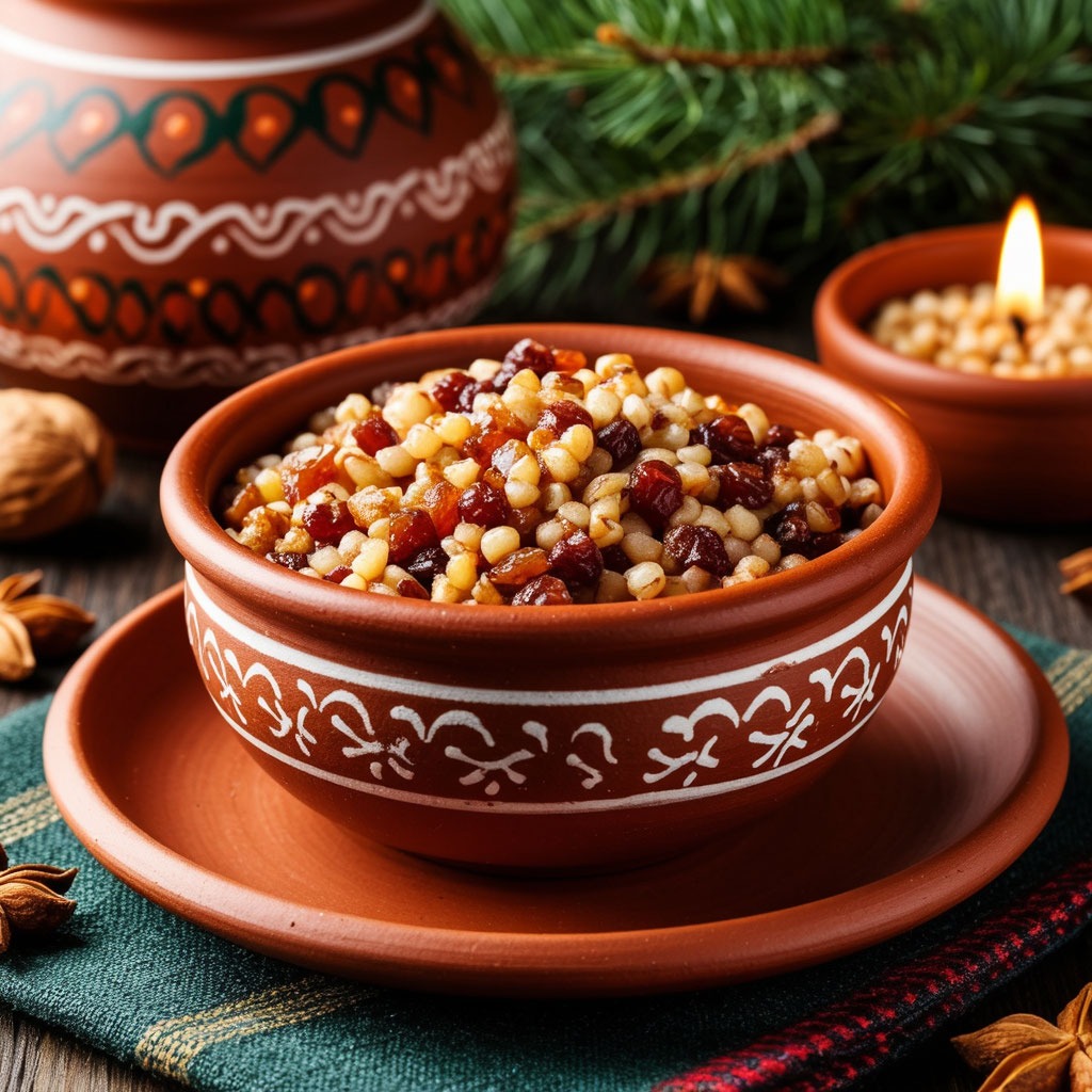 Традиционное сочиво (кутья) в глиняной миске на праздничном столе в Крещенский сочельник.