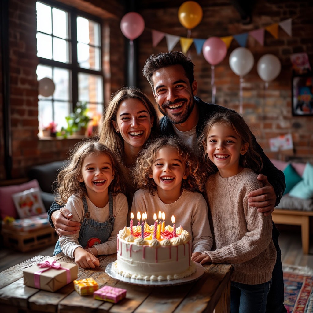 Счастливые дети и родители после успешно организованного дня рождения в лофте.