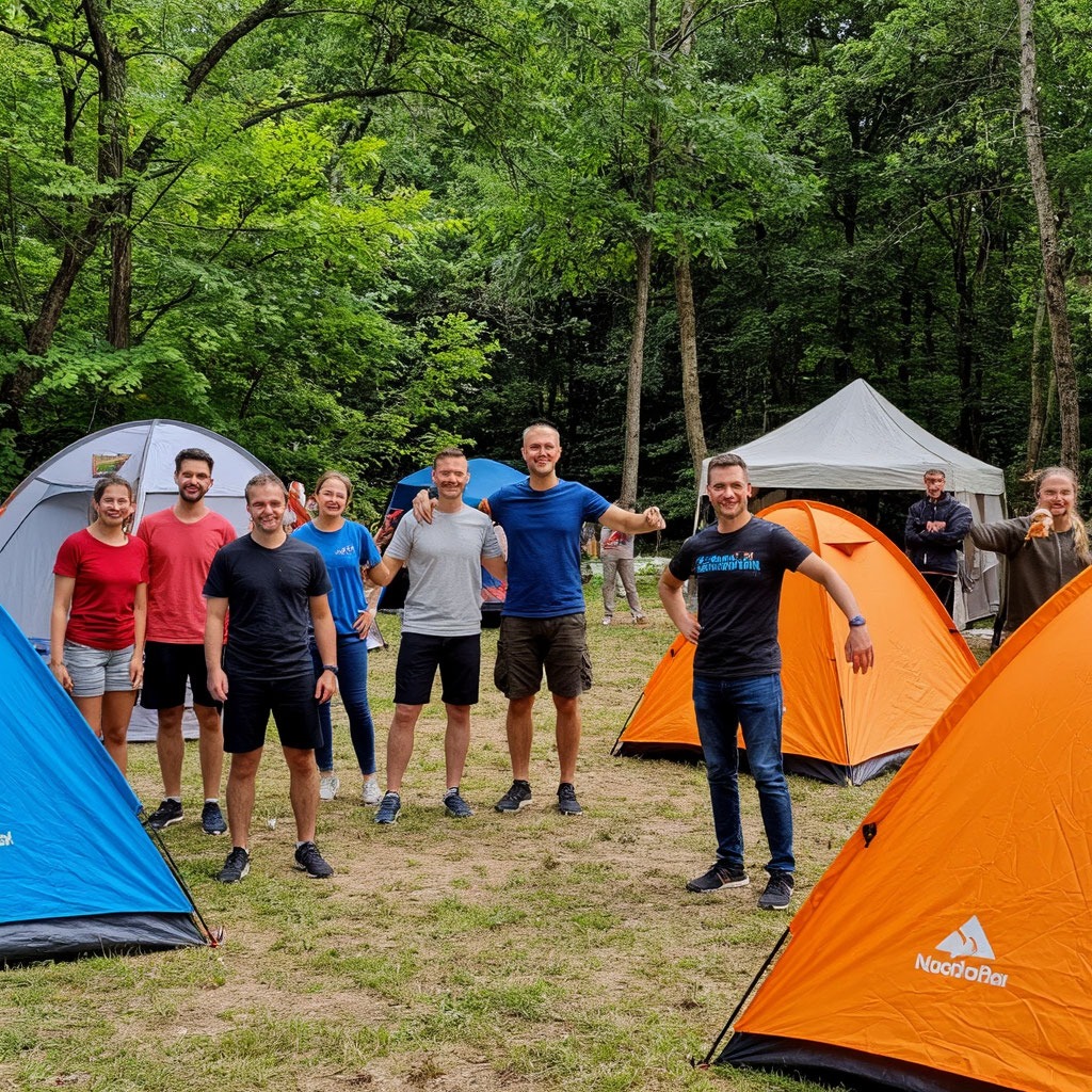Коллектив сотрудников участвует в активном тимбилдинге на природе с арендованными шатрами