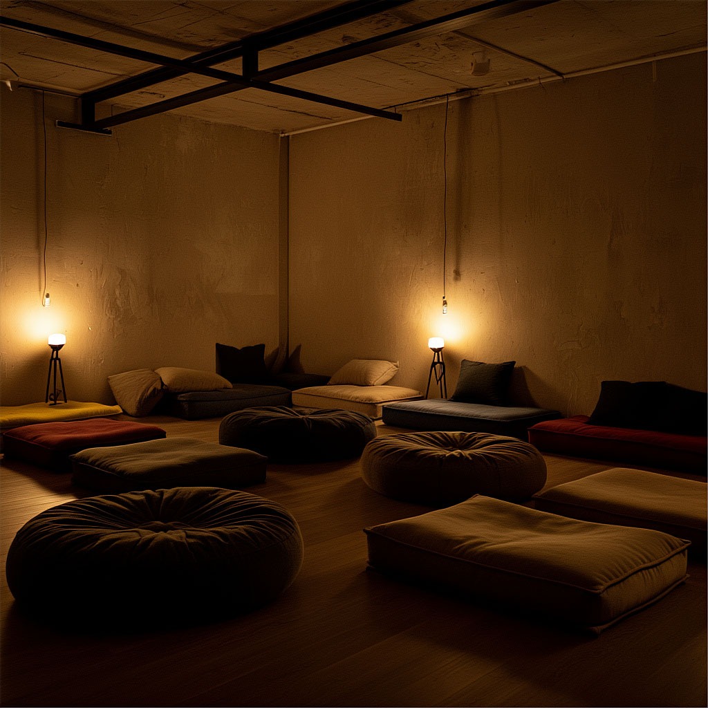 Зона отдыха с проектором и пуфами для детей на празднике в лофте.