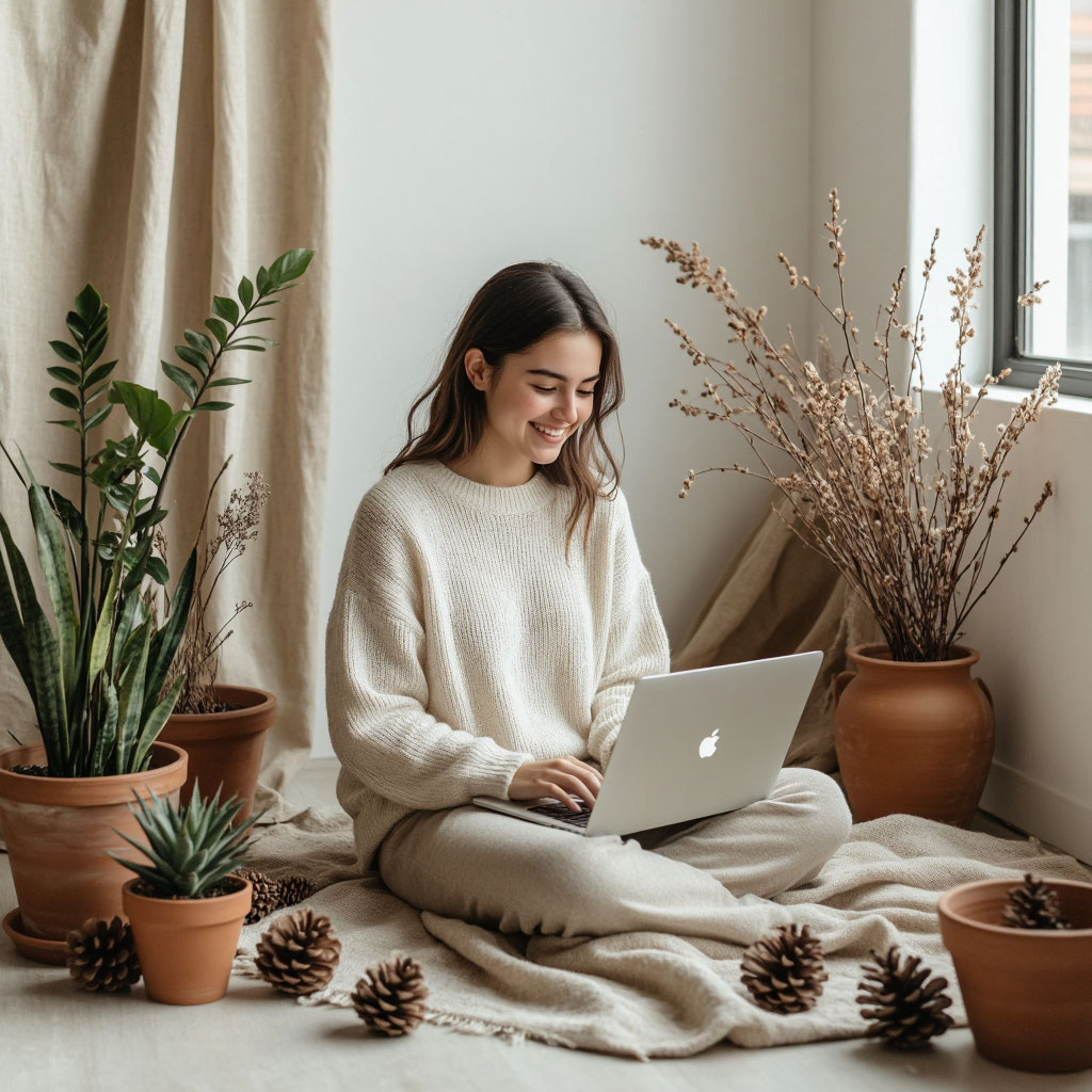 Девушка создает электронное приглашение для экологичного праздника без бумажных отходов