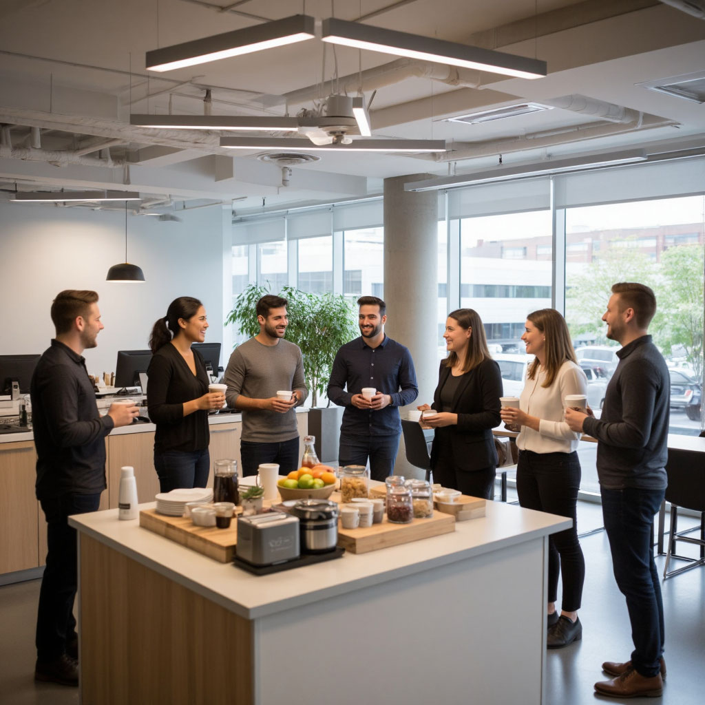Выездной кофе-брейк в офисе, организованный кейтеринг-сервисом для сотрудников.