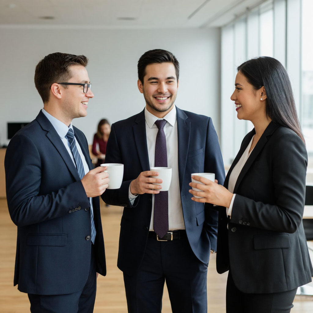 Деловое общение и нетворкинг во время кофе-брейка на мероприятии.