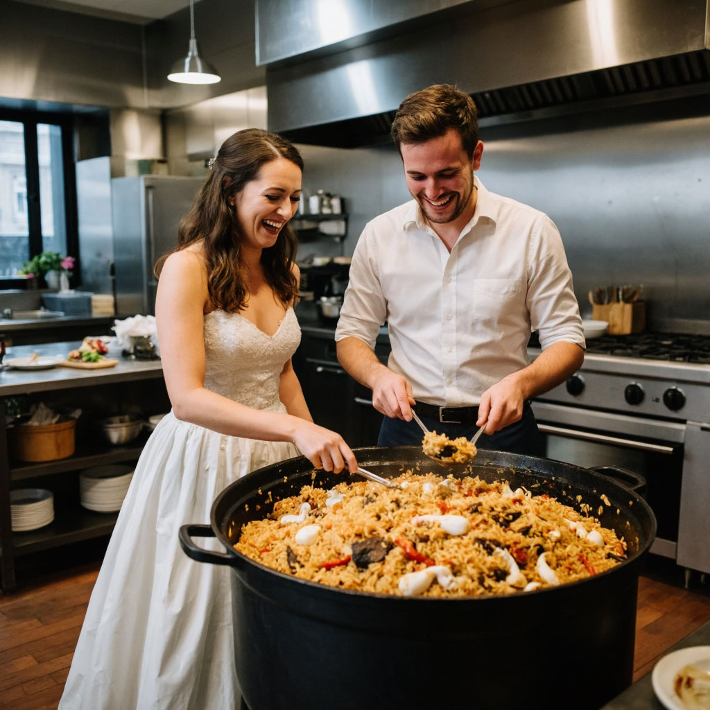 Молодожены пробуют плов из казана на кухне ресторана