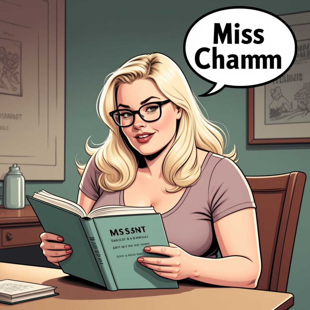 Пышногрудая блондинка в очках читает шуточную характеристику Мисс Очарование за столом