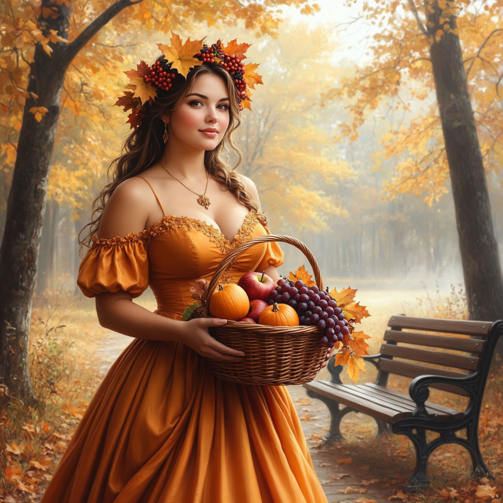 Пышногрудая женщина в золотом платье с корзиной урожая и дипломом Золотая осень